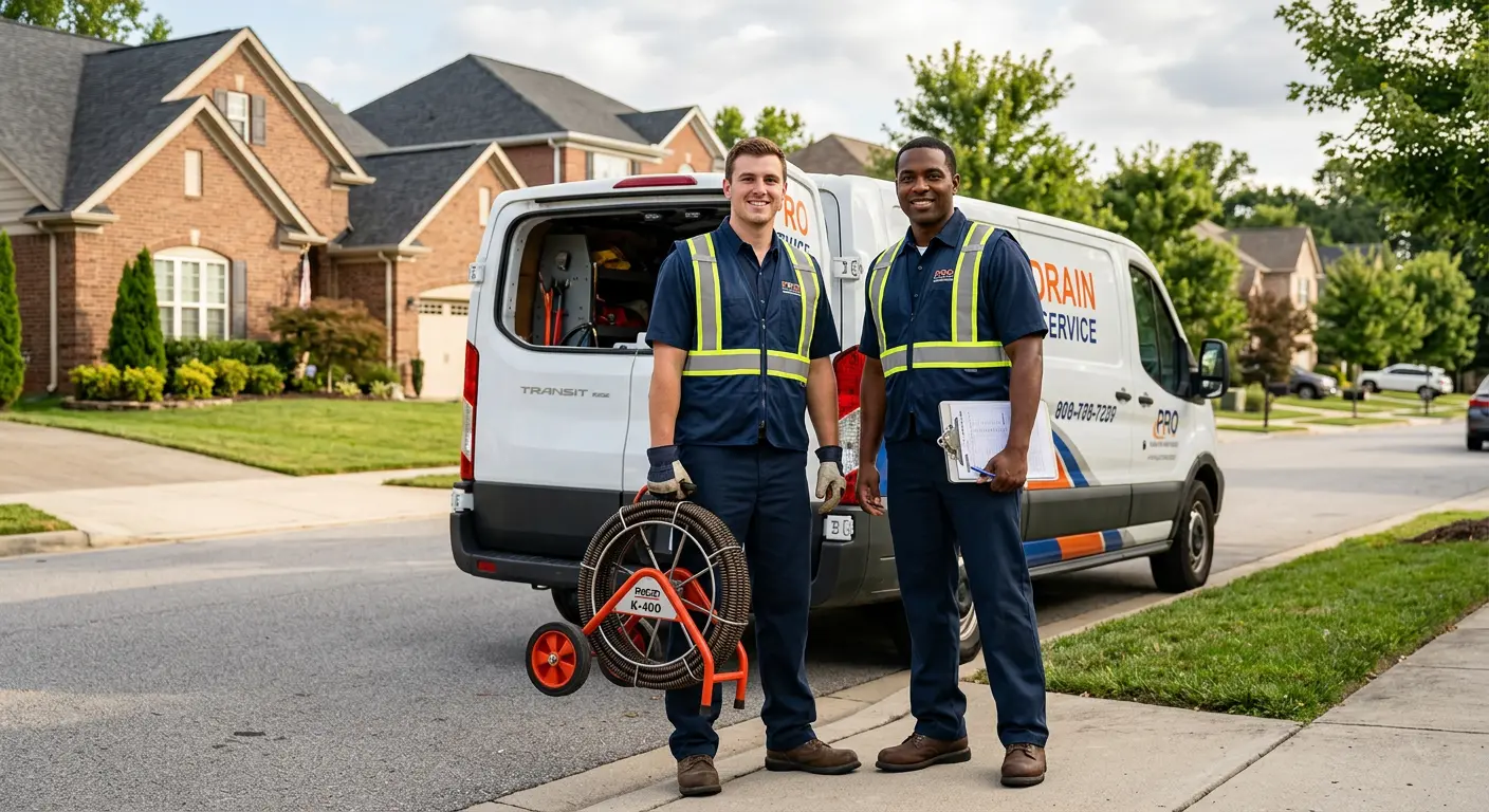 Sewer and drain service team with equipment ready for work in Seaford