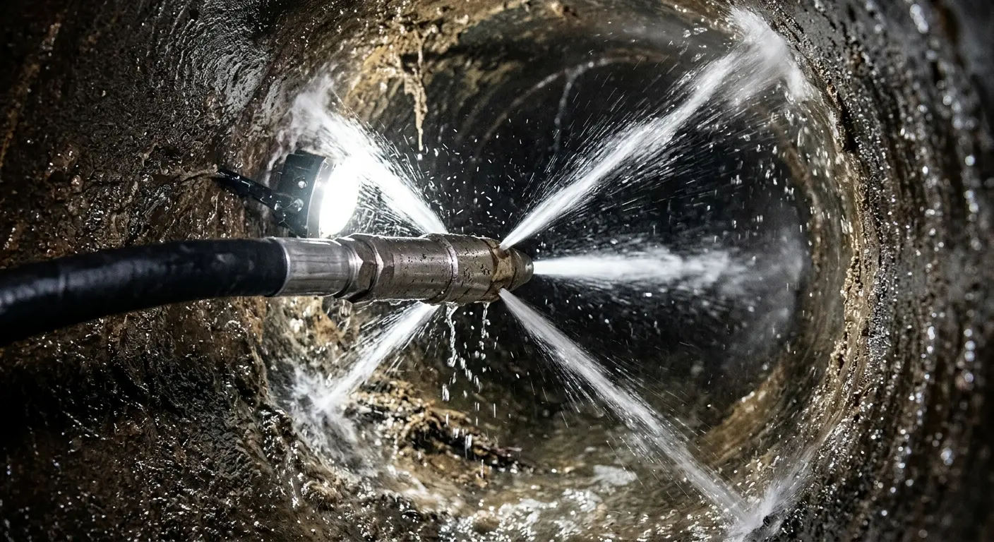 High-pressure hydro jetting nozzle cleaning sewer pipe for Sewer Cleanout in Seaford