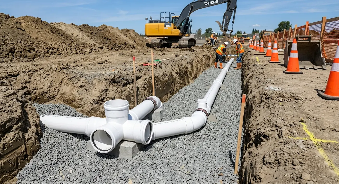 New PVC sewer pipe installation in open trench for Commercial Drain Cleaning in Seaford