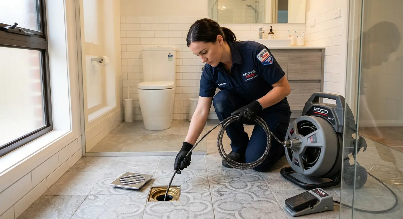 Technician clearing a bathroom floor drain for Clogged Drain Repair in Seaford